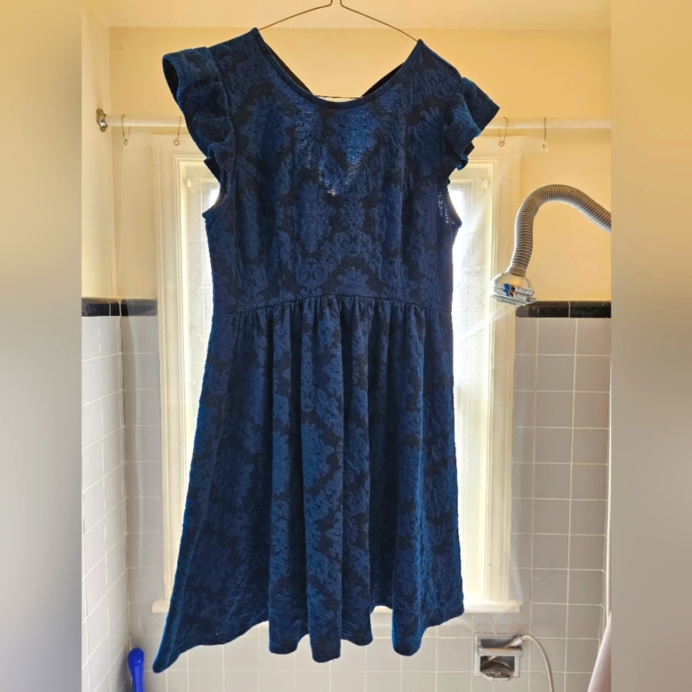 XHILARATION size Medium Blue black floral print rockabilly dress with a tie back